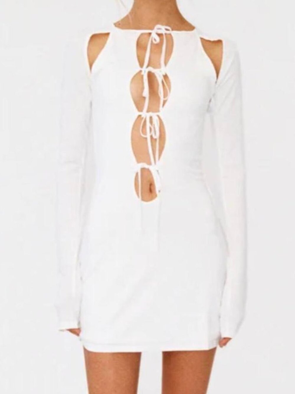 With Jean Midnight White Long Sleeve Mini Dress Lace Up Tie Front Cutout Stretch